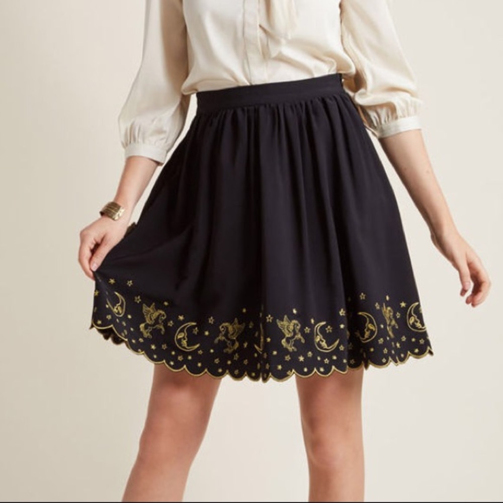 ModCloth Mystic Gold Embroidered Black Skirt